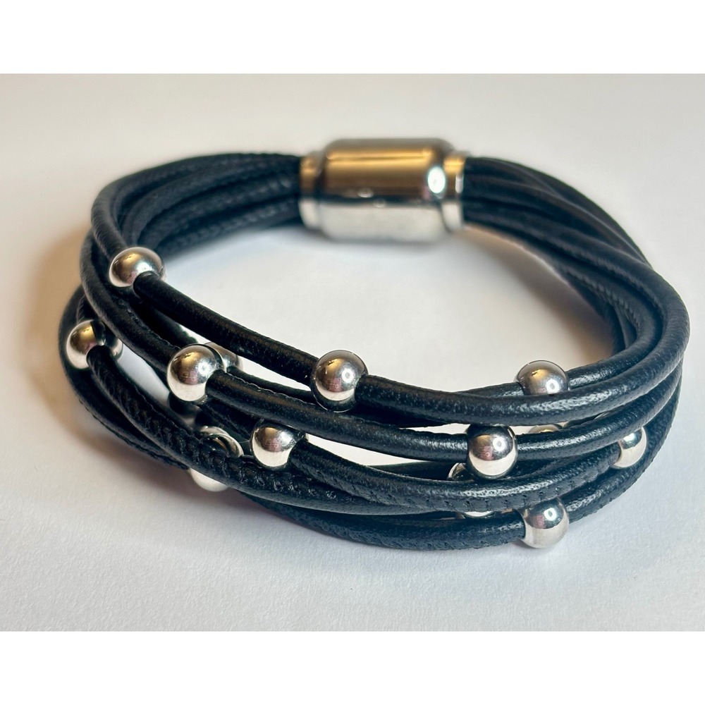 Vintage 90s Y2K Black Multi Strand Leather Bead Bracelet Magnetic Clasp 6 Inch